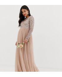 Maya Maternity Bridesmaid Long Sleeved Maxi Dress With Delicate Sequin And Tulle Skirt In Taupe Blush - Brown