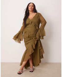 ASOS - Asos Design Curve V Neck Long Sleeve Ruffle Maxi Dress With Cut Out Back - Lyst
