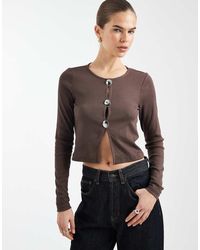 ONLY - Long Sleeve Rib Top With Silver Button Detail - Lyst