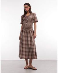 Daisy Street - Shirred Drop Waist Midi Dress With Puff Sleeves And Tie Front - Lyst