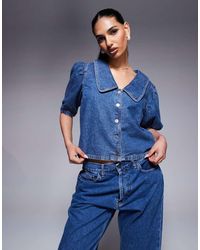 River Island - Denim Top Met Pofmouwen - Lyst