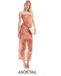 ASOS - Asos Design Tall Bandeau Midi Dress With Drape Mesh Bodice - Lyst