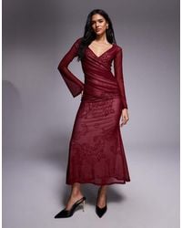 ASOS - Printed Lace Lined Maxi Dress With Wrap Over Bardot Neckline And Long Sleeve - Lyst