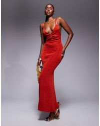 ASOS - Ruched Front Maxi Dress With Cross Back And Gold Trim - Lyst