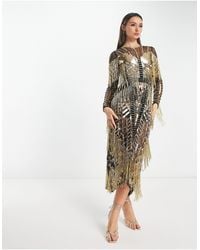 ASOS - Sequin And Fringe Artwork Long Sleeve Bodycon Midi Dress - Lyst