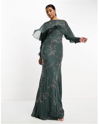 ASOS - Modesty - robe longue ornementée coupée en biais à manches longues et volants avec détail cape - vert foncé - Lyst