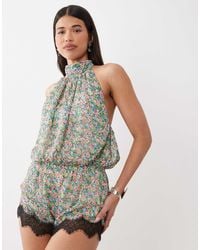 AFRM - Logain Polo Neck Halter Lace Trim Playsuit - Lyst