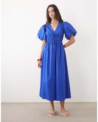 New Look - Puff Sleeve V Neck Midi Dress - Lyst