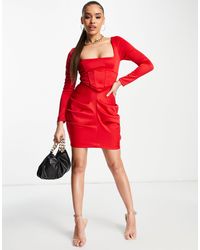 ASOS - Square Neck Corset Long Sleeve Side Ruched Mini Dress - Lyst