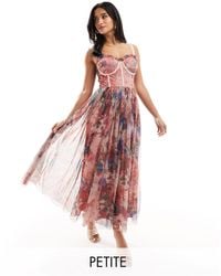 LACE & BEADS - Corset Tulle Midi Dress In Pink Floral Mix - Lyst