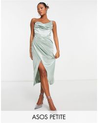 ASOS - Asos design petite - robe mi-longue drapée asymétrique style corset en satin - sauge foncé - Lyst