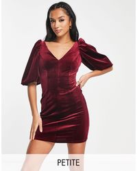 River Island - Velvet Plunge Mini Dress With Puff Sleeves - Lyst
