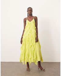 ARRANGE - Vestito Midi Color Lime Testurizzato Con Volant E Spalline Sottili - Lyst