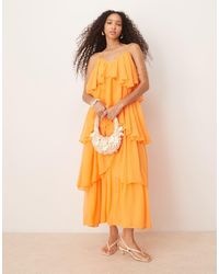 ASOS - Vestido Largo Naranja Luminoso De Tirantes Con Diseño Escalonado A Capas De - Lyst