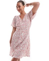 ONLY - – minikleid mit em blümchenmuster, v-ausschnitt und taillenschnürung - Lyst