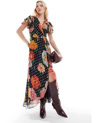 Hope & Ivy - Vestido Midi Azul Marino Cruzado Con Diseño Estampado, Mangas De Volantes Y Lazada En La Cintura De - Lyst