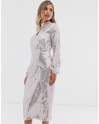 Lipsy Long Sleeve Sequin Midi Dress In Silver - Metallic