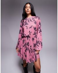 ASOS - Textured Mesh Blouson Balloon Sleeve Mini Dress Purple Floral Print - Lyst