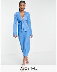 ASOS Asos Design Tall Bias Cut Satin Midi Dress With Tie Waist & Flutter Sleeve - Blue