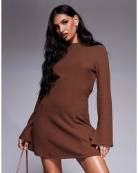 ASOS - Vestito Corto Morbidissimo Color Cioccolato Con Scollo Alto, Corpino Aderente E Gonna Svasata - Lyst