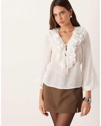 Glamorous - V-Neck Tie Front Ruffle Trim Blouse - Lyst