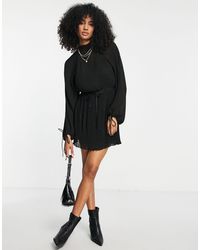 ASOS - High Neck Plisse Mini Dress With Blouson Sleeve And Tie Detail - Lyst