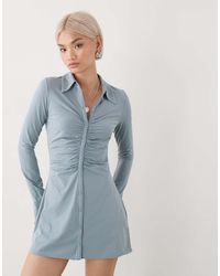 Monki - Ruched Front Long Sleeve Mini Shirt Dress - Lyst