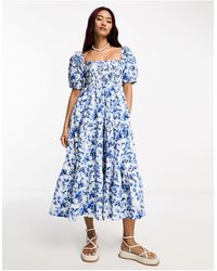 Abercrombie & Fitch - Midi-jurk Van Poplin Met Aangerimpeld Lijfje En E Bloemen - Lyst