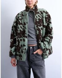 TOPSHOP - Brown And Teal Cow Print Borg Fleece Jacket With Contrast Teal Binding - Lyst