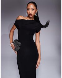 Kaiia - Exclusive Double Layered Slinky Drape Off Shoulder Bodycon Maxi Dress - Lyst
