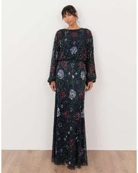 Maya - Embellished Round Neck Long Blouson Sleeve Maxi Dress - Lyst