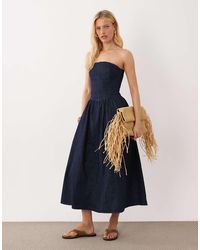 Mango - 100% Cotton Denim Off The Shoulder Midaxi Dress - Lyst