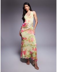 ASOS - Robe longue à encolure plongeante en tulle avec ceinture enveloppante - beurre à imprimé fleurs - Lyst