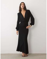 ASOS - Long Sleeve Deep Plunge Maxi Dress With Shoulder Pads - Lyst