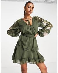 ASOS - Blouson Sleeve Tiered Mini Dress With Cross Stitch Embroidery Detail And Tie - Lyst
