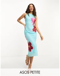 ASOS - Asos design petite - robe longue à col montant asymétrique et imprimé fleuri placé - bleu - Lyst