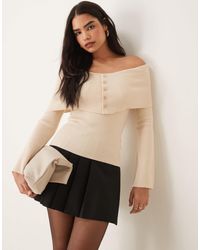 Pretty Lavish - Button Front Bardot Knit Top - Lyst