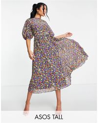 ASOS Asos Design Tall High Neck Pleated Midi Dress With Puff Sleeve - Multicolour