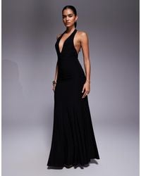 Fashionkilla - Exclusive Double Sculpted Slinky Plunge Halterneck Godet Hem Maxi Dress - Lyst