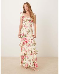 Y.A.S - Robe volantée mi-longue à imprimé fleuri et épaules dénudées - /crème - Lyst