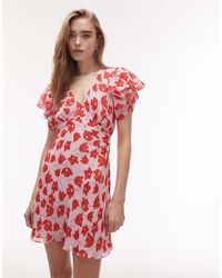 TOPSHOP - Robe rétro courte avec manches à plis et imprimé fleuri - et rouge - Lyst