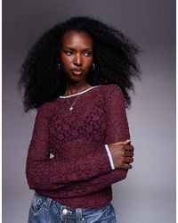ASOS - Semi-Transparante Kanten Top Met Ronde Hals En Contrasterende Bies - Lyst
