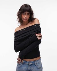 ASOS - Geborstelde Geribbelde Top Met Blote Schouders, Lange Mouwen En Oogjes - Lyst