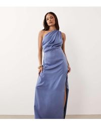 ASOS - Asos Design Petite One Shoulder Satin Maxi Dress With Pleat Detail - Lyst