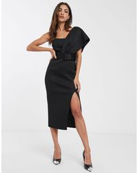 ASOS – Midi-Bleistiftkleid mit Gürtel und One-Shoulder-Träger - Schwarz