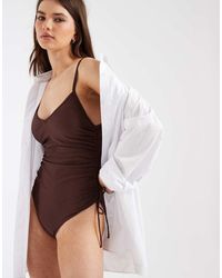 Pieces - Tie Side Ruched Swimsuit - Lyst