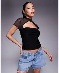 ASOS - Co-ord Mesh Short Sleeve Top With Cross Over Neck With Rouleau Button Detail - Lyst