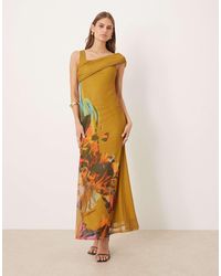 ASOS - Printed Mesh One Off Shoulder Midi Dress - Lyst