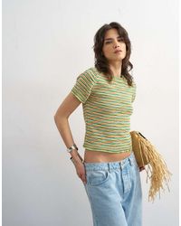 TOPSHOP - Knitted Crew Neck Stripe Short Sleeve Top - Lyst