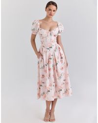 House Of Cb - Lulabell Cotton Puff Sleeve Midi Dress - Lyst